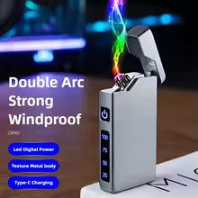 Double Arc Lighter with LED Power Display Windproof Metal Body Type-C Charging Custom Engrave for Outdoor Survival