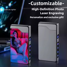 Double Arc Lighter with LED Power Display Windproof Metal Body Type-C Charging Custom Engrave for Outdoor Survival